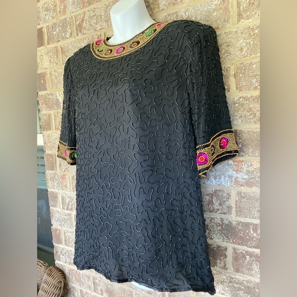 Vintage 80s beaded blouse Lawrence Kazar black Size Large - Picture 3 of 8